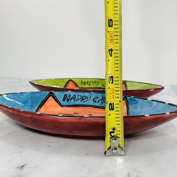 LOT (2) Outi Happy Cat Oval Bowls 9.5"x4.5" Blue Green Red Dish Hand Painted EUC - Picture 8 of 8